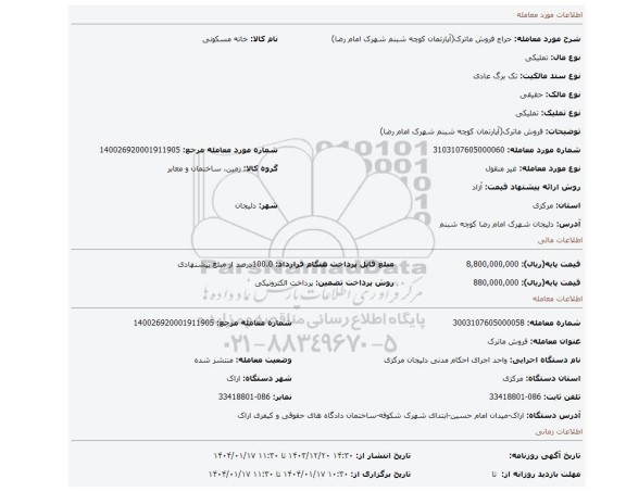 مزایده، فروش ماترک(آپارتمان کوچه شبنم شهرک امام رضا)
