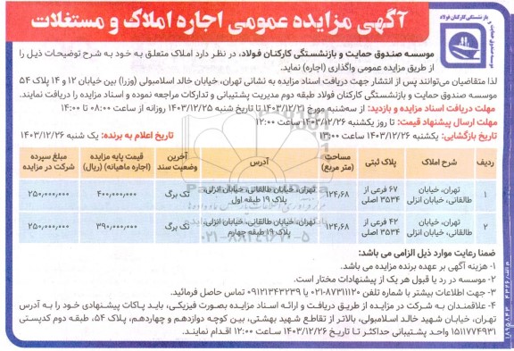 مزایده عمومی اجاره املاک و مستغلات