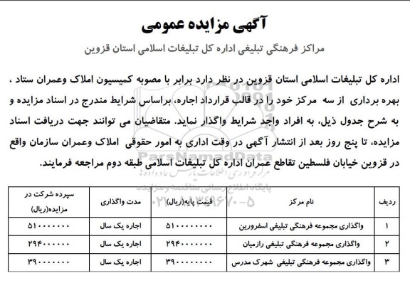 مزایده مراکز فرهنگی تبلیغی