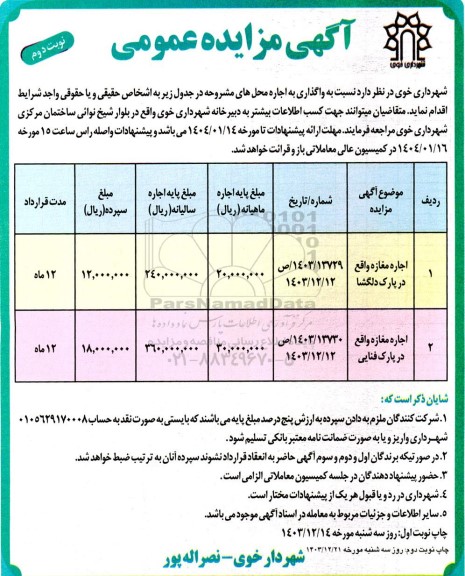 مزایده واگذاری به اجاره مغازه ... نوبت دوم