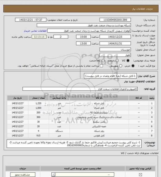 استعلام 1-کابل شبکه
(بقیه اقلام وتعداد در فایل پیوست)
