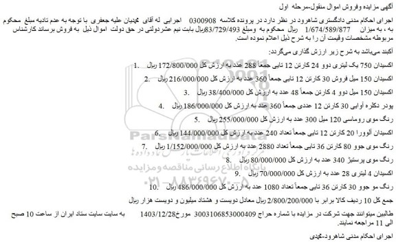 مزایده اکسیدان 750 یک لیتری دوو 24 کارتن 12 تایی جمعاً 288 عدد