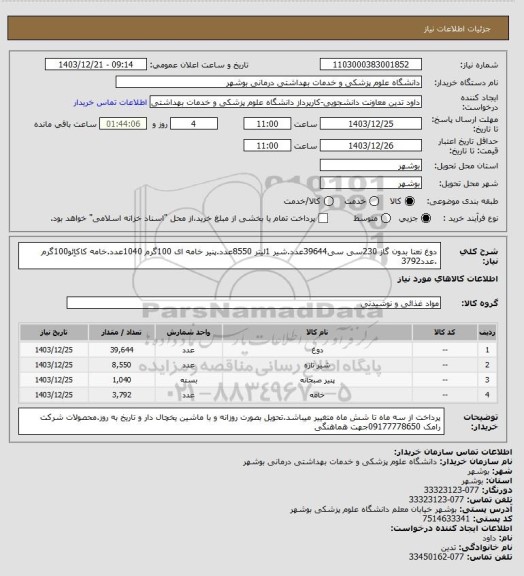 استعلام دوغ نعنا بدون گاز 230سی سی39644عدد.شیر 1لیتر 8550عدد.پنیر خامه ای 100گرم 1040عدد.خامه کاکاِئو100گرم .عدد3792