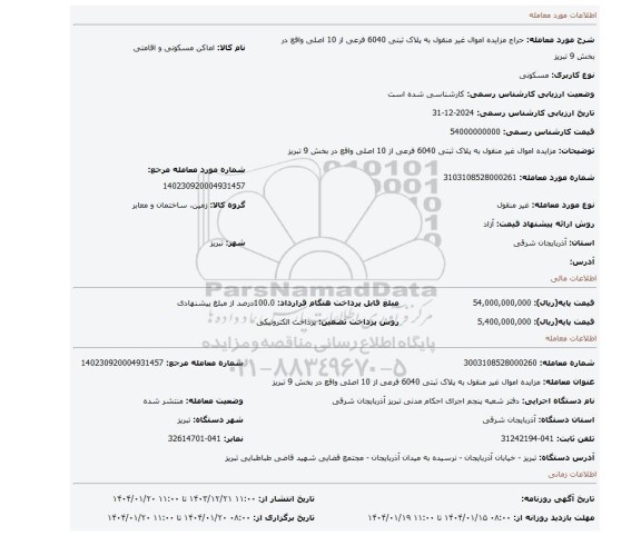 مزایده، مزایده اموال غیر منقول به پلاک ثبتی 6040 فرعی از 10 اصلی واقع در بخش 9 تبریز