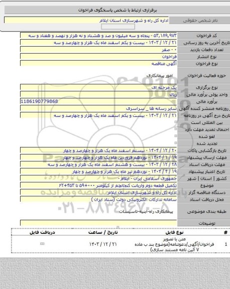 مناقصه, تکمیل قطعه دوم واریانت کنجانچم از کیلومتر ۰۰۰+۵۹ تا ۴۵۳+۶۲