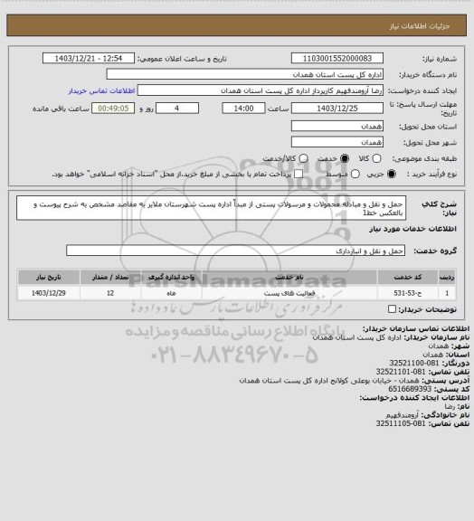 استعلام حمل و نقل و مبادله محمولات و مرسولات پستی از مبداً اداره پست شهرستان ملایر به مقاصد مشخص به شرح پیوست و بالعکس خط1