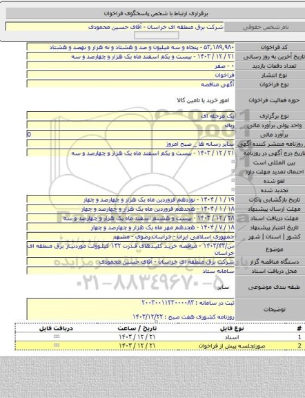 مناقصه, س/۱۴۰۳/۴۳ - مناقصه خرید کلیدهای قدرت ۱۳۲ کیلوولت موردنیاز برق منطقه ای خراسان