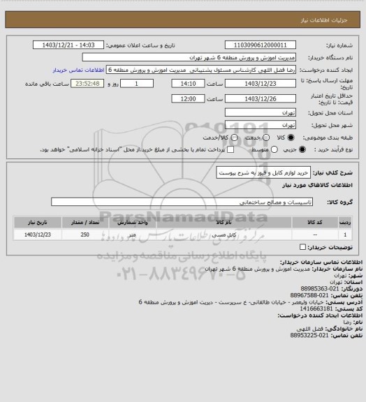 استعلام خرید لوازم کابل و فیوز به شرح پیوست