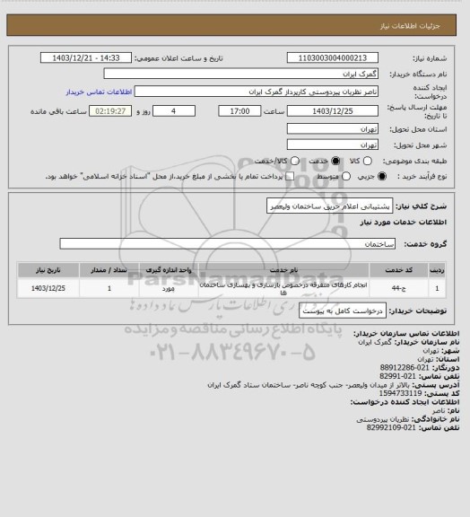 استعلام پشتیبانی اعلام حریق ساختمان ولیعصر