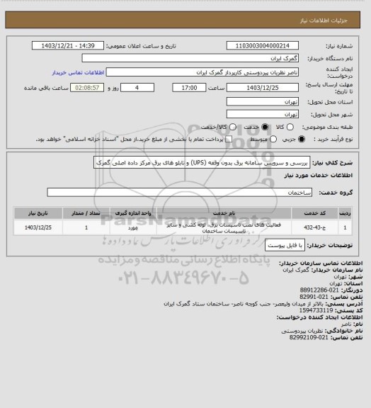استعلام بررسی و سرویس سامانه برق بدون وقفه (UPS) و تابلو های برق مرکز داده اصلی گمرک