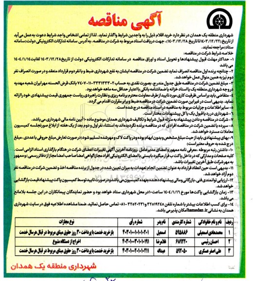 مناقصه خرید اقلام 