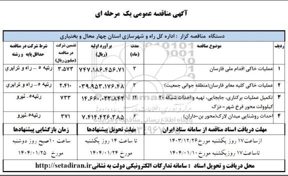 آگهی مناقصه عملیات خاکی اقدام ملی فارسان...