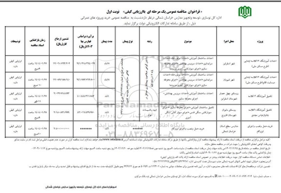 مناقصه عمومی احداث آموزشگاه 12 کلاسه ابتدایی....