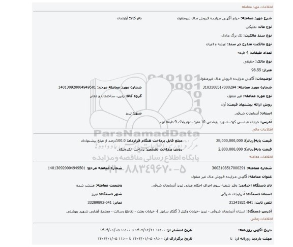 مزایده، آگهـی مـزایـده فـروش مـال غیرمنقول