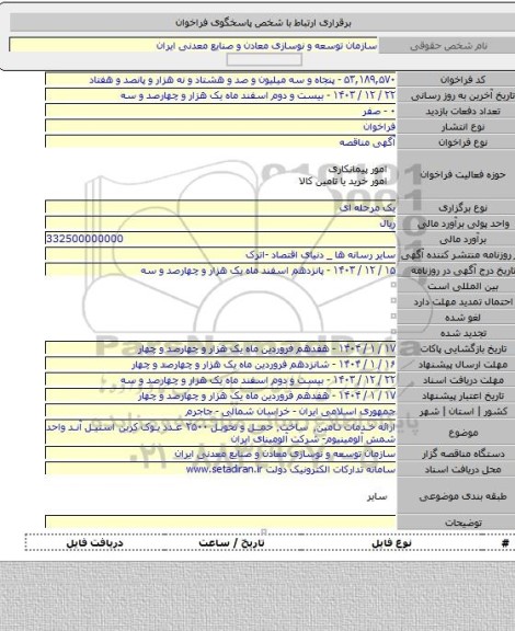 مناقصه, ارائه خدمات تامین٬ ساخت٬ حمل و تحویل ۲۵۰۰ عدد یوک کربن استیل آند واحد شمش آلومینیوم- شرکت آلومینای ایران