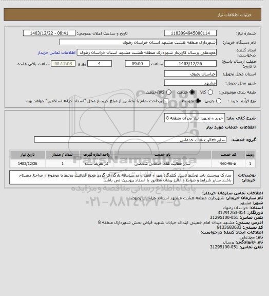 استعلام خرید و تجهیز انبار بحران منطقه 8