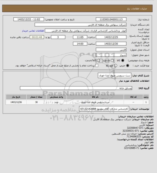 استعلام ست سرویس ظروف غذا خوری