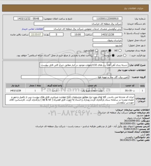 استعلام دسته بندی آهن آلات برج های  132کیلوولت موجود در انبار مطابق شرح کلی فایل پیوست.