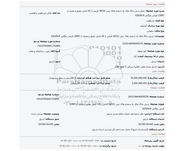 مزایده، شش دانگ ملک به شماره پلاک ثبتی 18722 فرعی از 33 اصلی مفروز و مجزی از 13997 فرعی بایگانی 0202919