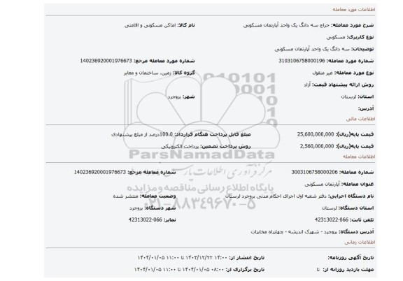 مزایده، سه دانگ یک واحد آپارتمان مسکونی