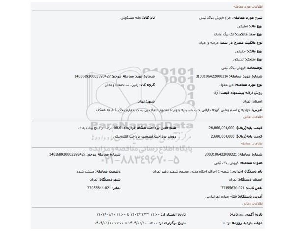 مزایده، فروش پلاک ثبتی