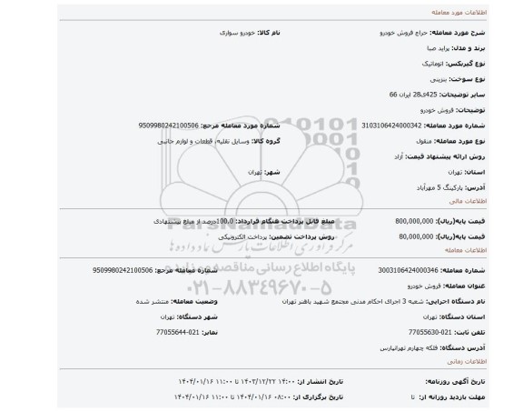 مزایده، فروش خودرو