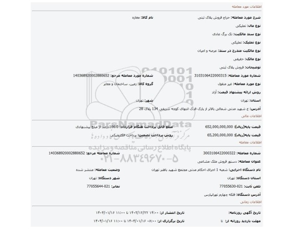 مزایده، فروش پلاک ثبتی