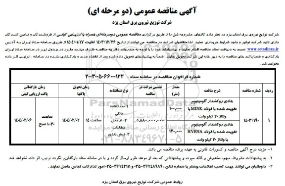 مناقصه هادی روکشدار آلومینیوم تقویت شده 