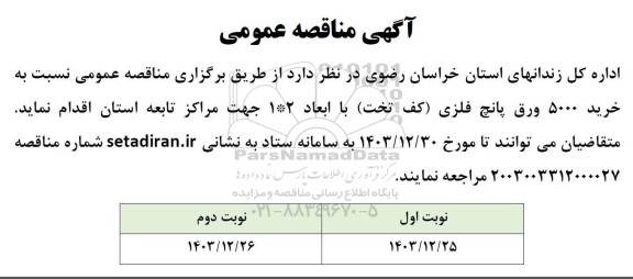 مناقصه خرید 5000 ورق پانچ فلزی (کف تخت) با ابعاد 2*1 