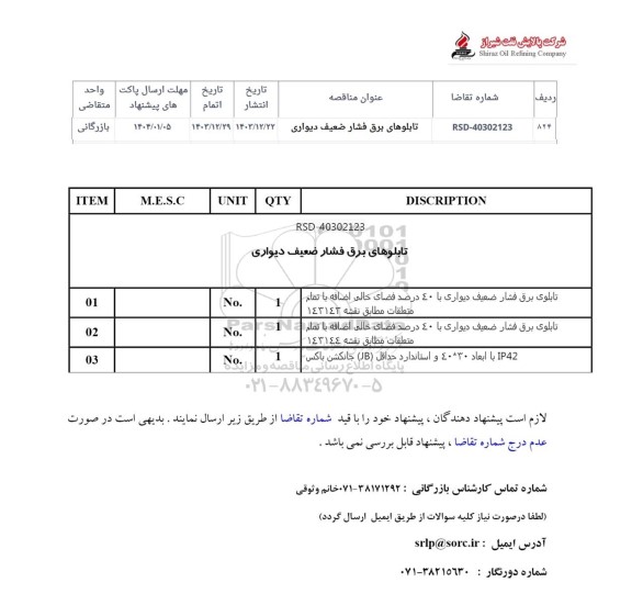 استعلام تابلوهای برق فشار ضعیف دیواری