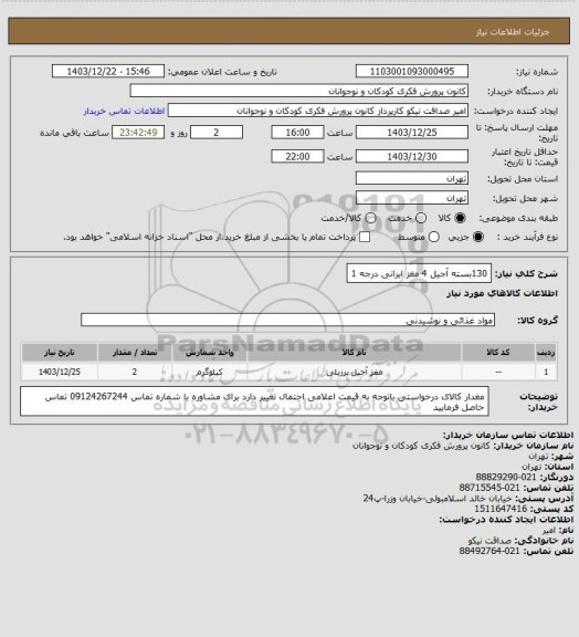 استعلام 130بسته آجیل 4 مغز ایرانی درجه 1