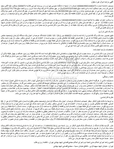 مزایده ششدانگ عرصه و اعیان یک دستگاه آپارتمان (وضعیت خاص طلق) به شماره ثبتی 117590 فرعی از 88 اصلی قطعه 18 تفکیکی مفروز و مجزی شده از 11207 فرعی از اصلی