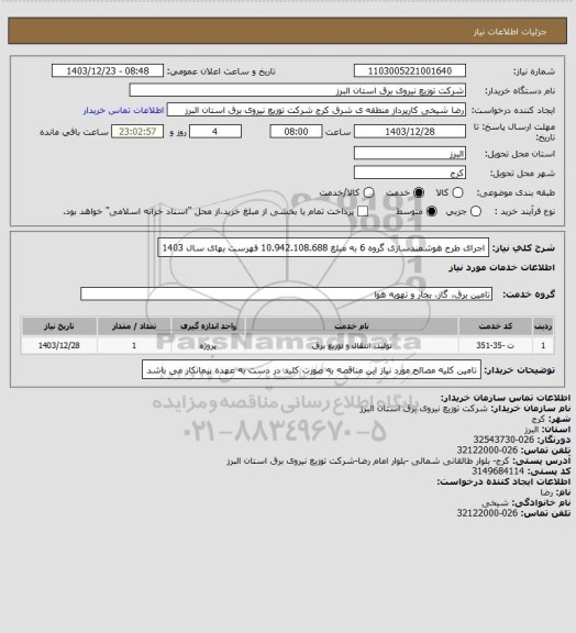 استعلام اجرای طرح هوشمندسازی گروه 6 به مبلغ 10.942.108.688 فهرست بهای سال 1403