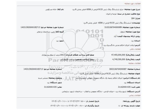 مزایده، ششدانگ پلاک ثبتی 9133 فرعی از 6556 اصلی بخش 8 یزد