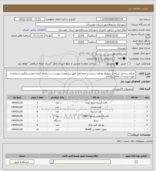استعلام اصلاح ساختار شبکه و سرورها وارتقاء سرعت و حجم فضا طبق مشخصات پیوست در سامانه کرایه حمل و بارگیری و تخلیه به عهده برنده استعلام میباشد.