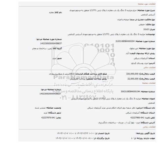مزایده، مزایده 3 دانگ یک باب مغازه با پلاک ثبتی 1/1771 متعلق به مرحوم مهدی آسیابی کندلجی