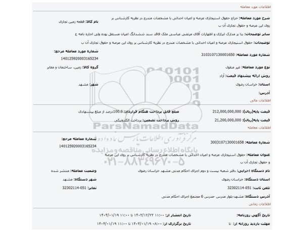 مزایده، حقوق استیجاری عرصه و اعیان احداثی با مشخصات مندرج در نظریه کارشناس بر روی این عرصه و حقوق تجاری آن ب