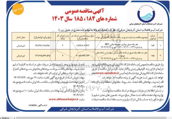 مناقصه حفر چاه عمیق روتاری...- نوبت دوم