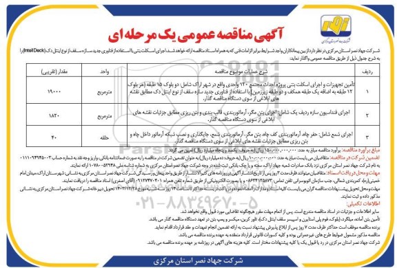 مناقصه اجرای اسکلت بتنی با استفاده از فناوری جدید سازه سقف از نوع اینتل دک (Intell Deck) 