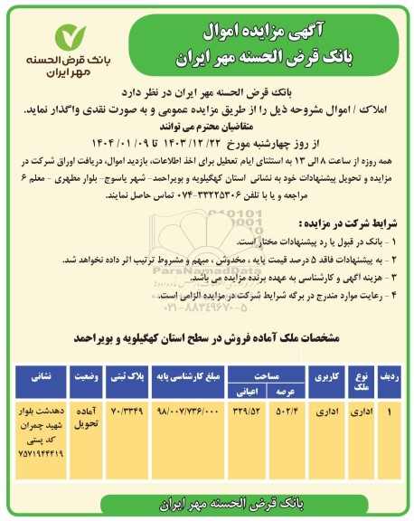 مزایده فروش یک قطعه ملک اداری