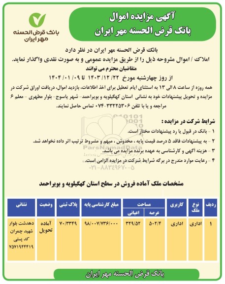 مزایده واگذاری املاک / اموال، ملک اداری