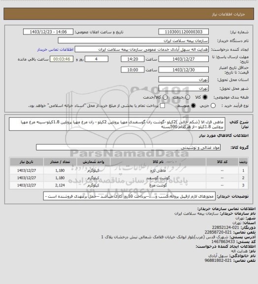 استعلام ماهی قزل الا  (شکم خالی )2کیلو -گوشت ران گوسفندی مهیا پروتئین 2کیلو - ران مرغ مهیا پروتئین 1.8کیلو-سینه مرغ مهیا پروتئین 1.8کیلو --از هرکدام 590بسته