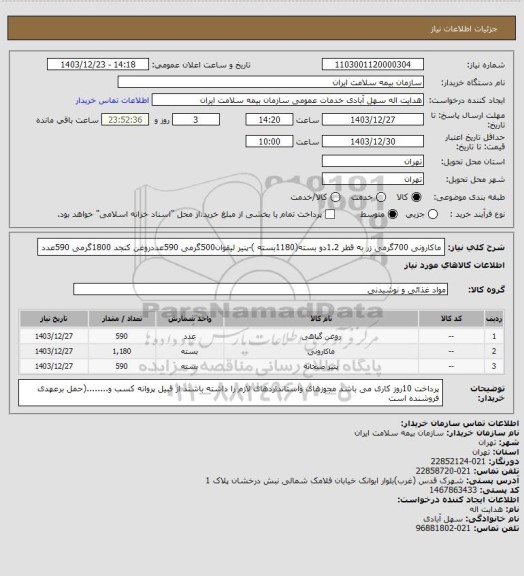 استعلام ماکارونی 700گرمی زر به قطر 1.2دو بسته(1180بسته )-پنیر لیقوان500گرمی 590عددروغن کنجد 1800گرمی 590عدد