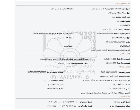 مزایده، فروش 9 پالت کنسرو انجیر