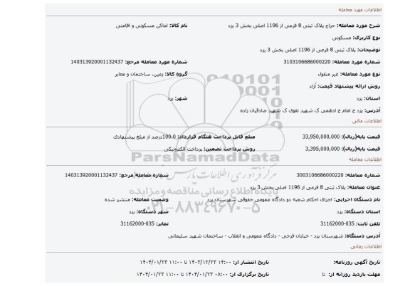 مزایده، پلاک ثبتی 8 فرعی از 1196 اصلی بخش 3 یزد
