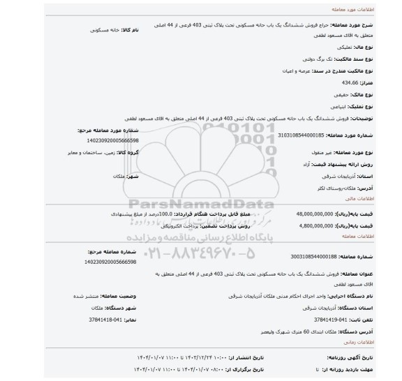 مزایده، فروش ششدانگ یک باب حانه مسکونی تحت پلاک ثبتی 403 فرعی از 44 اصلی متعلق به اقای مسعود لطفی