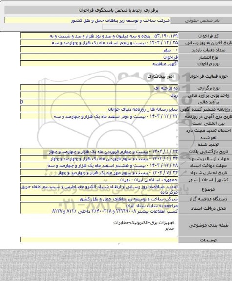 مناقصه, تجدید مناقصه بروز رسانی و ارتقاء شیلد الکترو مغناطیس و سیستم اطفاء حریق مرکز داده