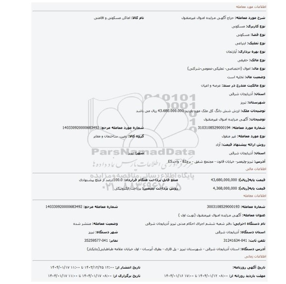 مزایده، آگهـی مـزایده امـوال غیرمنقـول