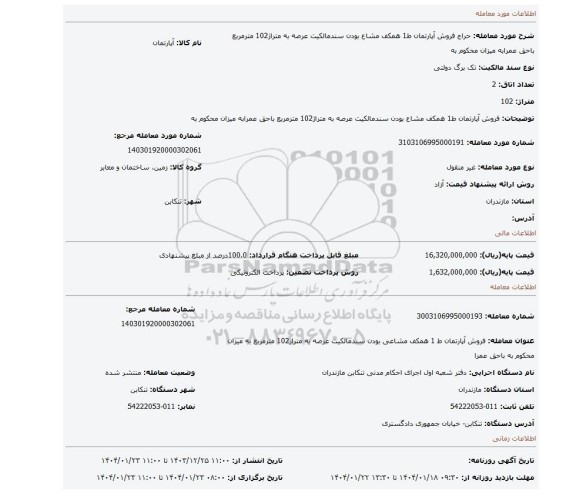 مزایده، فروش آپارتمان ط1 همکف مشاع بودن سندمالکیت عرصه به متراژ102 مترمربع باحق عمرابه میزان محکوم به