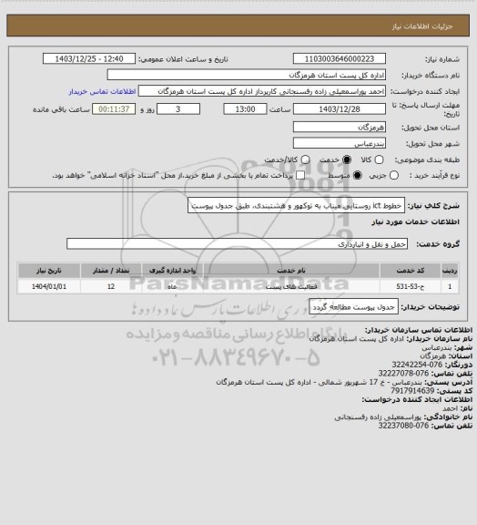 استعلام خطوط ict روستایی میناب به توکهور و هشتبندی، طبق جدول پیوست